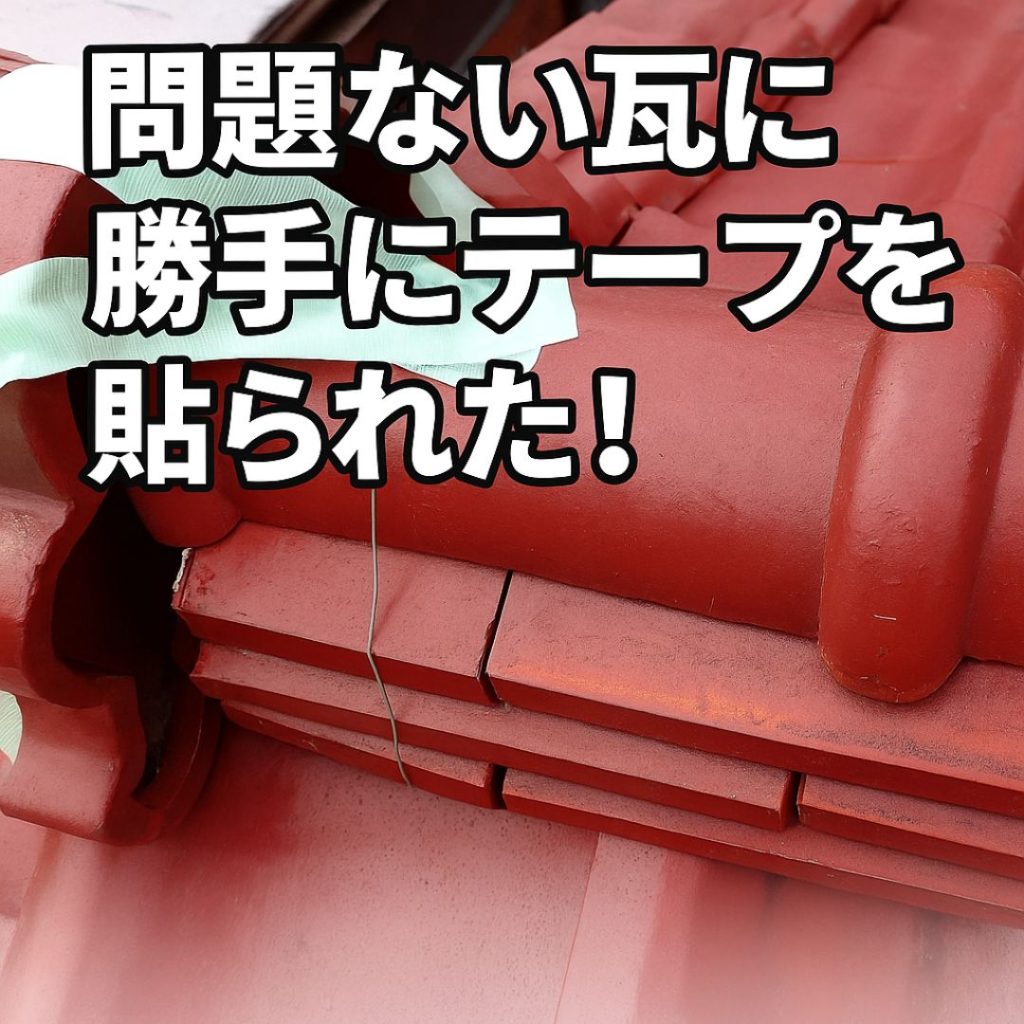 「応急処置と称してテープが貼られた赤瓦屋根の写真」