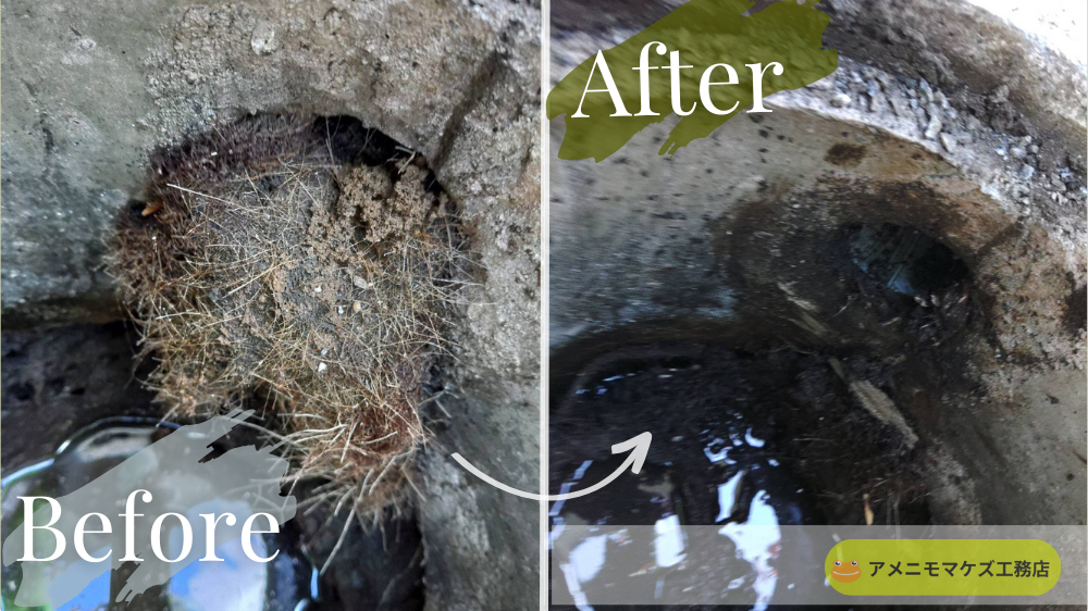 浸透桝に詰まった泥と根を除去して排水機能を回復した清掃BeforeAfter写真