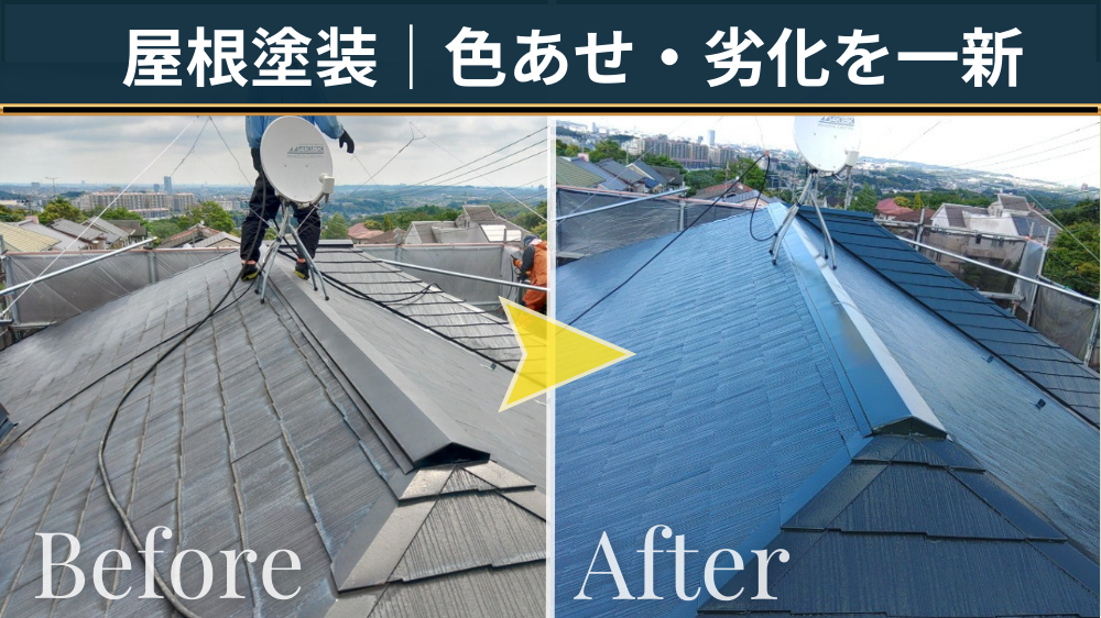 屋根塗装のビフォーアフター比較。色あせたスレート屋根の塗装前（Before）と、塗装で発色と防水性を回復した塗装後（After）