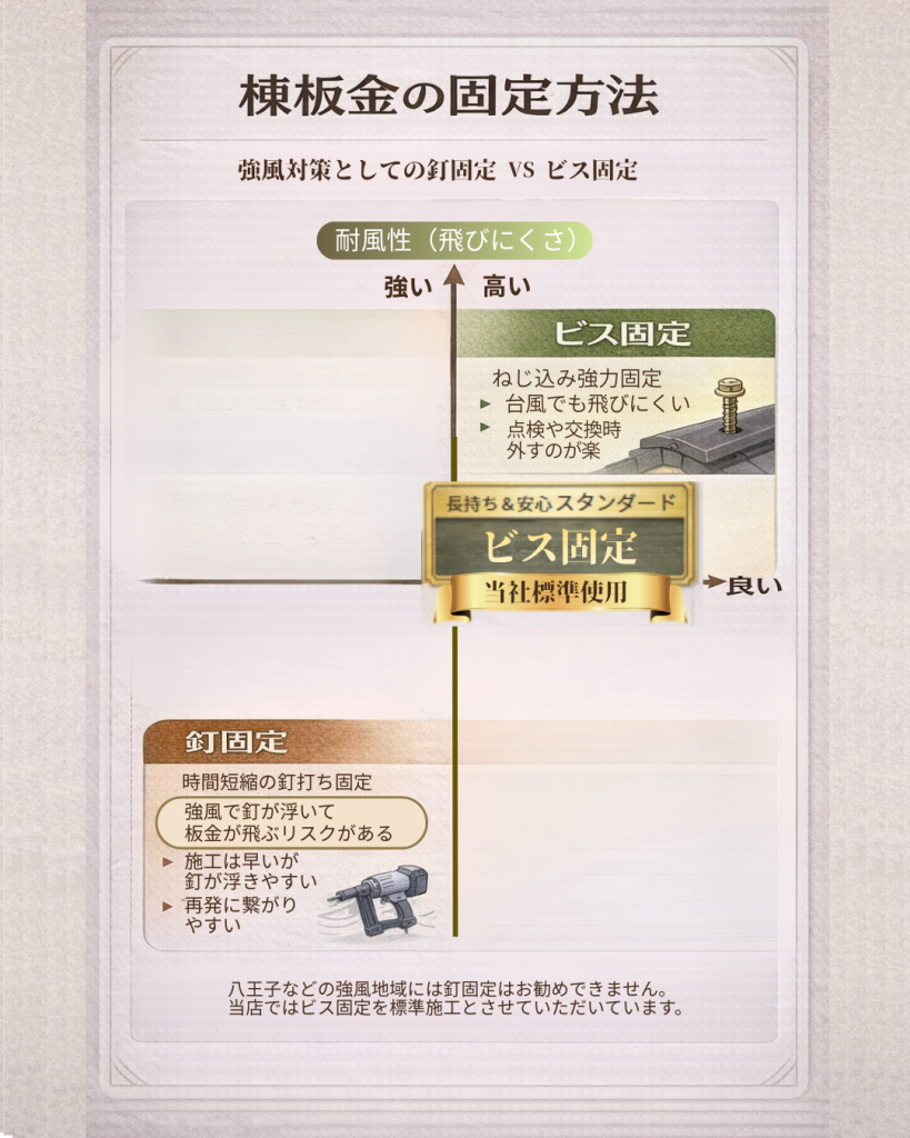 棟板金の固定方法を比較した図（釘固定 vs ビス固定）。耐風性・安心感の違いを示し、当社はビス固定を標準仕様として推奨。