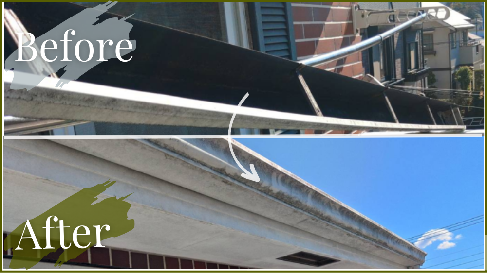 突風で外れて落下しかけた雨どいを、元の位置に戻して固定し復旧した施工写真（部分修理）