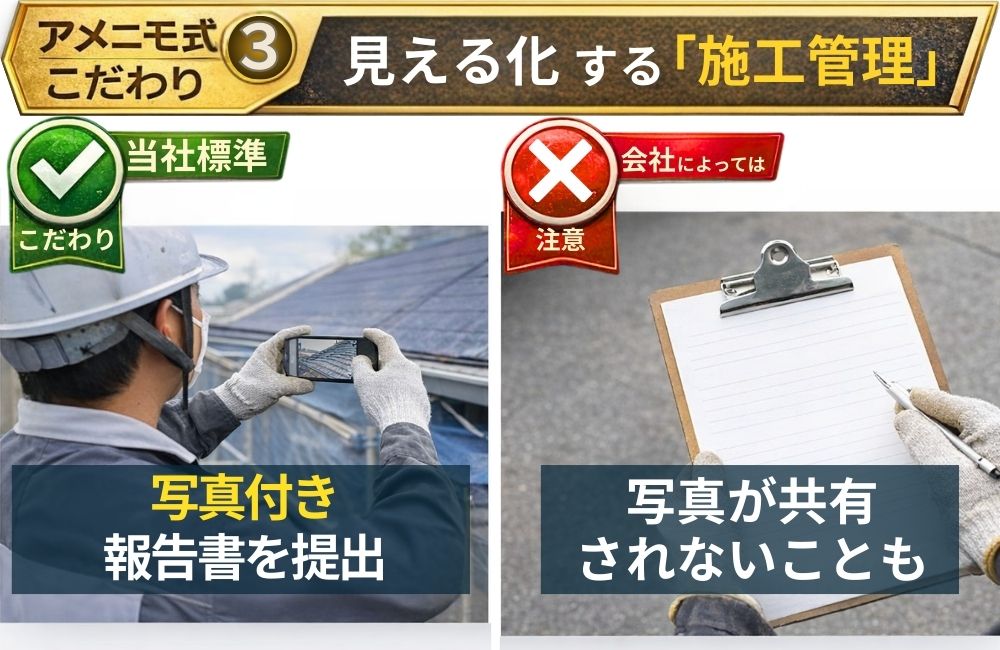 施工管理を見える化するため当社は工程ごとの写真付き報告書を提出し、会社によっては写真が共有されず記録が残らない場合もあることを示す比較画像