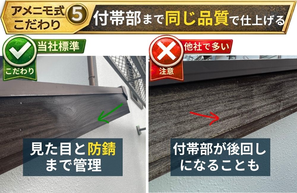 付帯部の仕上がり品質を比較した画像。左は当社標準で見た目と防錆まで管理、右は付帯部の仕上げが後回しになり劣化が残る可能性を示す。