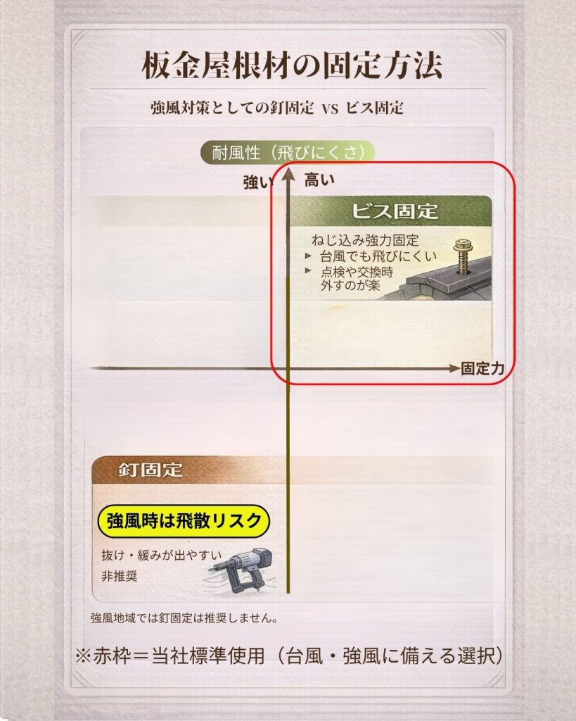 板金屋根材の固定方法を比較した図。ビス固定は固定力・耐風性が高い位置にあり当社標準使用、釘固定は強風時に飛散リスクがあるため非推奨として示している。