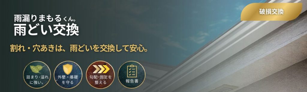 八王子アメニモマケズ工務店の雨どい交換（破損交換）の案内バナー。割れ・穴あきなど破損した雨どいを交換し、雨水の漏れや溢れを防いで安心につなげるサービス。詰まり・溢れ対策、勾配や固定の調整、報告書付き。