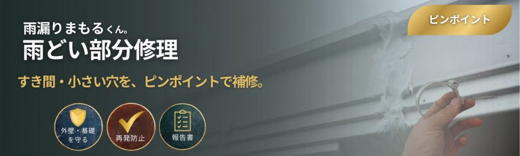 雨どい部分修理（ピンポイント補修）の案内バナー。すき間・小さな穴など軽微な不具合を必要な箇所だけ補修し、雨水の漏れや再発を防ぐ。外壁・基礎保護と写真付き報告書に対応。