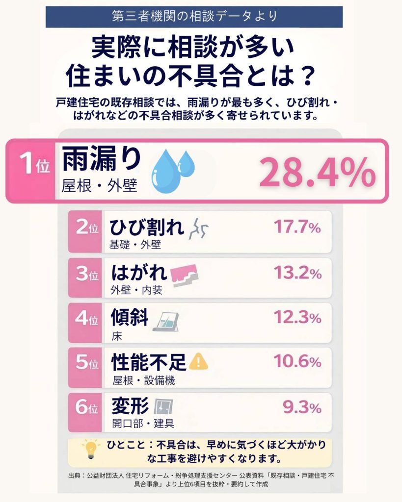 第三者機関の相談データをもとに、戸建住宅の不具合相談で雨漏りが28.4％と最も多いことを示したランキング画像