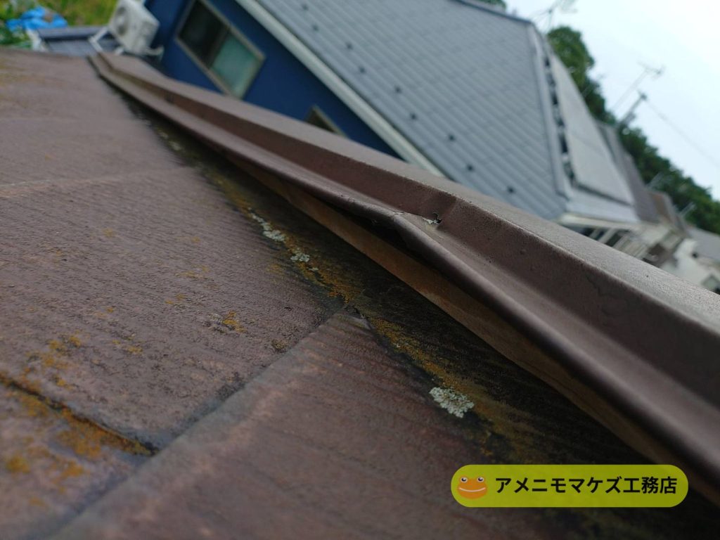 棟板金の浮きや変形を確認している屋根点検の様子